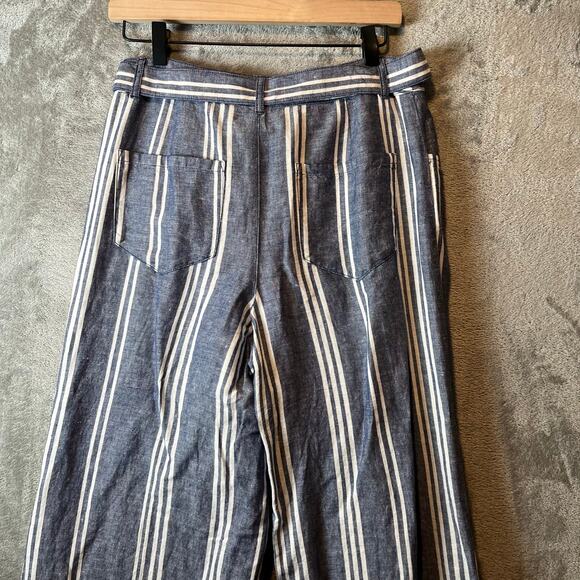 Anthropologie Womens Beachy Wide Leg Pants Linen Blend Blue White Striped Size 4 - Picture 4 of 6